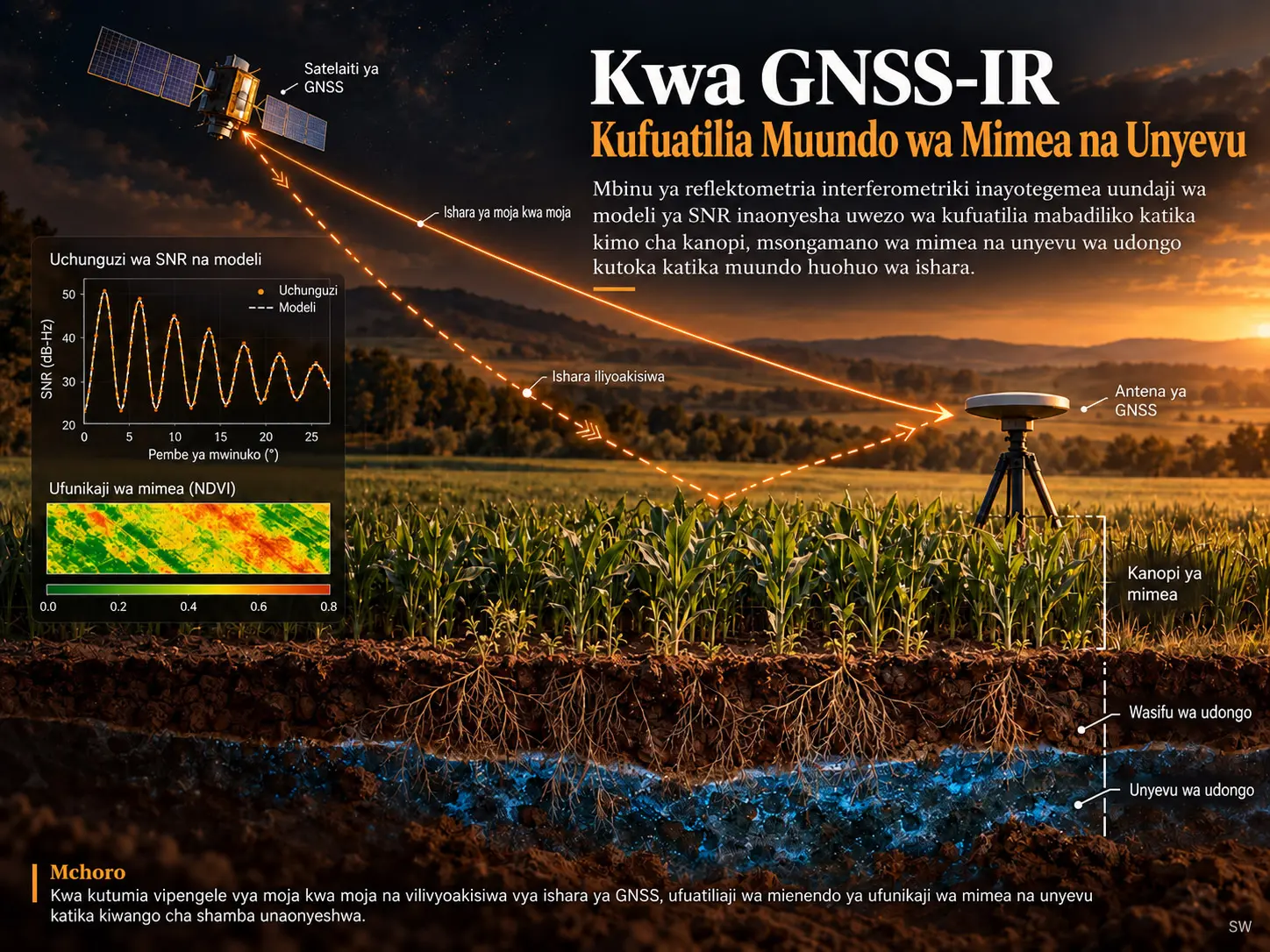 Ufuatiliaji wa Muundo na Unyevu wa Mimea kwa Reflektometria Interferometriki ya GNSS Inayotegemea Uundaji wa Modeli ya SNR