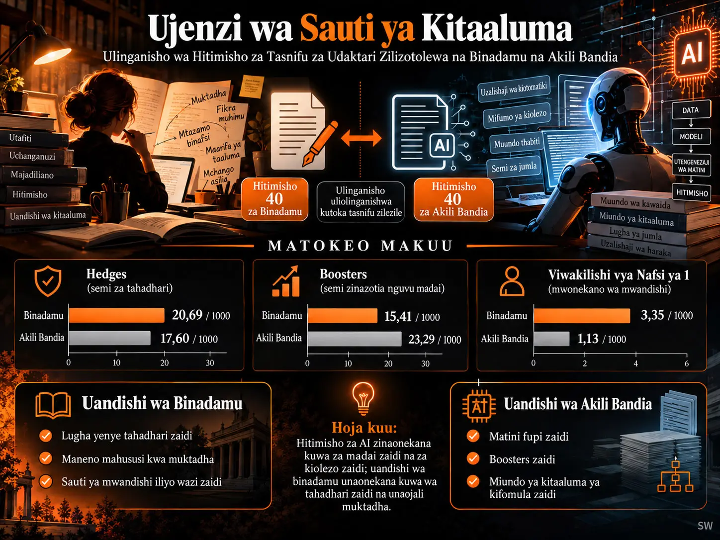 Ujenzi wa Sauti ya Kitaaluma: Ulinganisho wa Korpasi wa Hitimisho za Tasnifu za Uzamivu Zilizotolewa na Binadamu na Akili Bandia