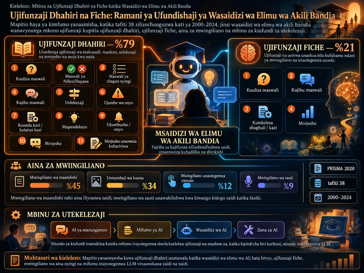 Ujifunzaji Dhahiri na Fiche katika Wasaidizi wa Elimu wa Akili Bandia: Mapitio ya Kimfumo ya Tafiti 38