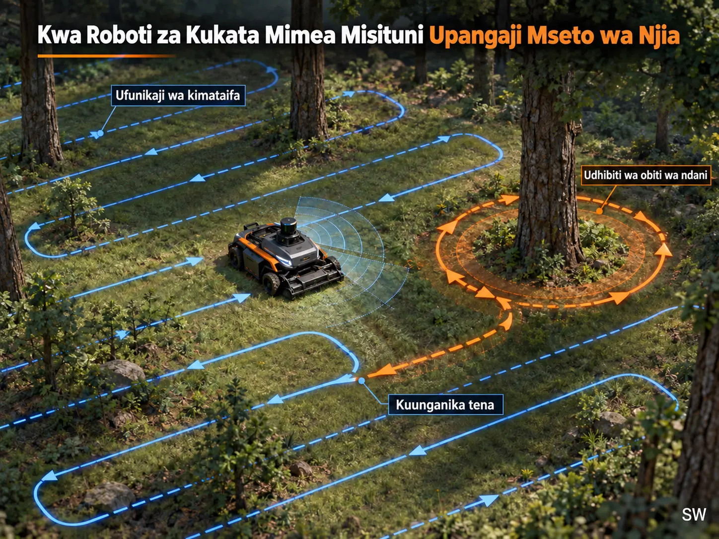Upangaji Mseto wa Njia kwa Roboti za Kukata Mimea Misituni kwa Udhibiti wa Obiti Uliochochewa na Miili Miwili