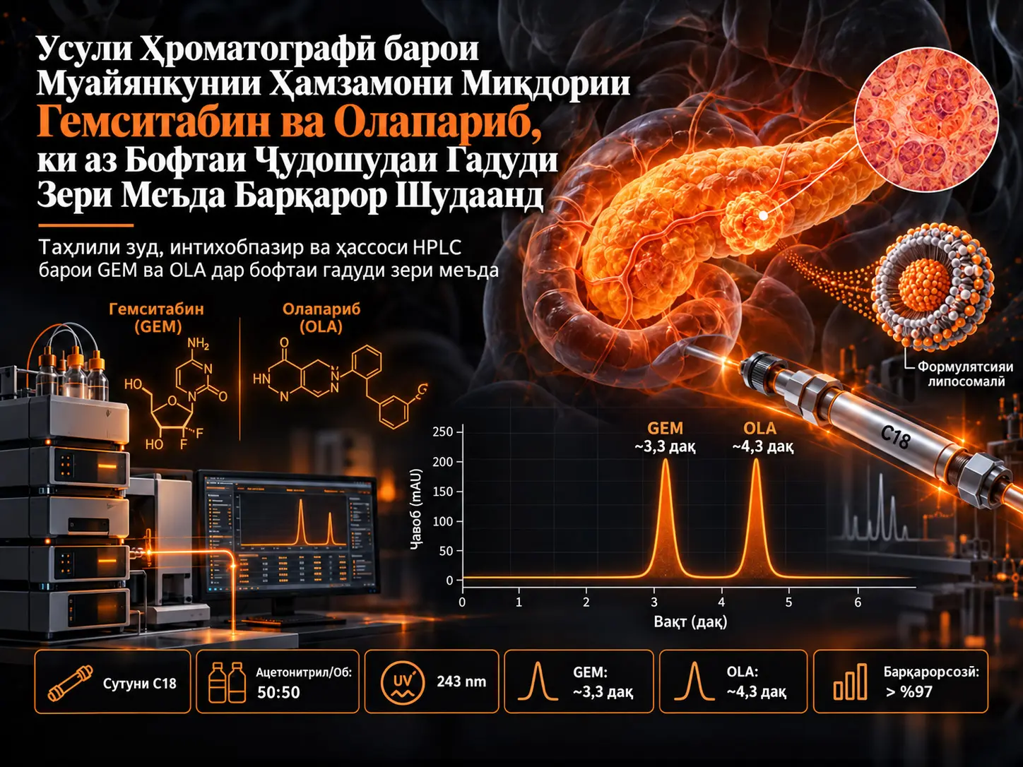 Усули Хроматографӣ барои Муайянкунии Ҳамзамони Миқдории Гемситабин ва Олапариб, ки аз Бофтаи Ҷудошудаи Гадуди Зери Меъда Барқарор Шудаанд