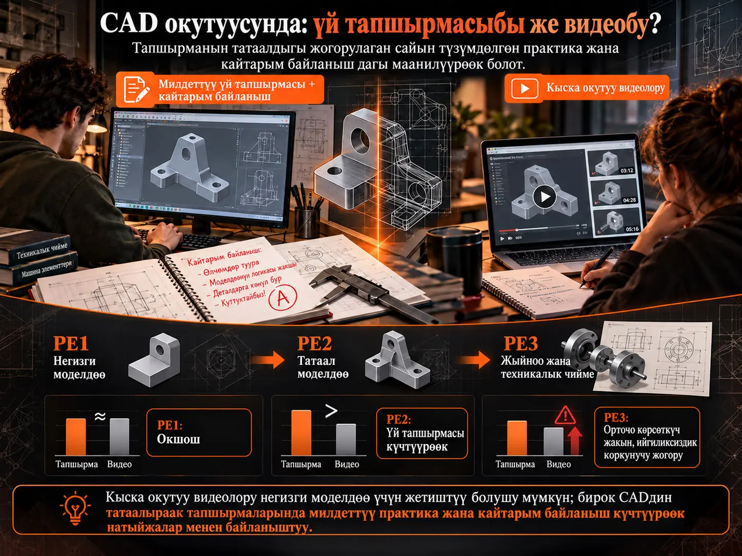 Үй тапшырмасы менен видео окутууну тең салмактоо: CAD сабагынын жыйынтыктарына кайталанма кесилиштик талдоо