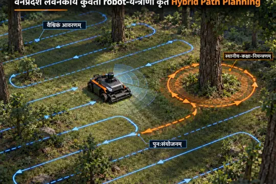 वनप्रदेशे लवनकार्यं कुर्वतां robot-यन्त्राणां कृते द्वयोः पिण्डयोः यान्त्रिकीभ्यः प्रेरित-कक्षा-नियन्त्रणाधारितं Hybrid Path Planning