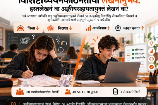 विशिष्टाभिः अध्ययनकठिनताभिः युक्तेषु विद्यार्थिषु हस्तलेखनस्य अङ्कीयसहायतायुक्तस्य सङ्गणकाधारितलेखनस्य च तुलना: लेखनचिन्ता, आत्मविश्वासः, निराशा, अनुभूता सुकरता च