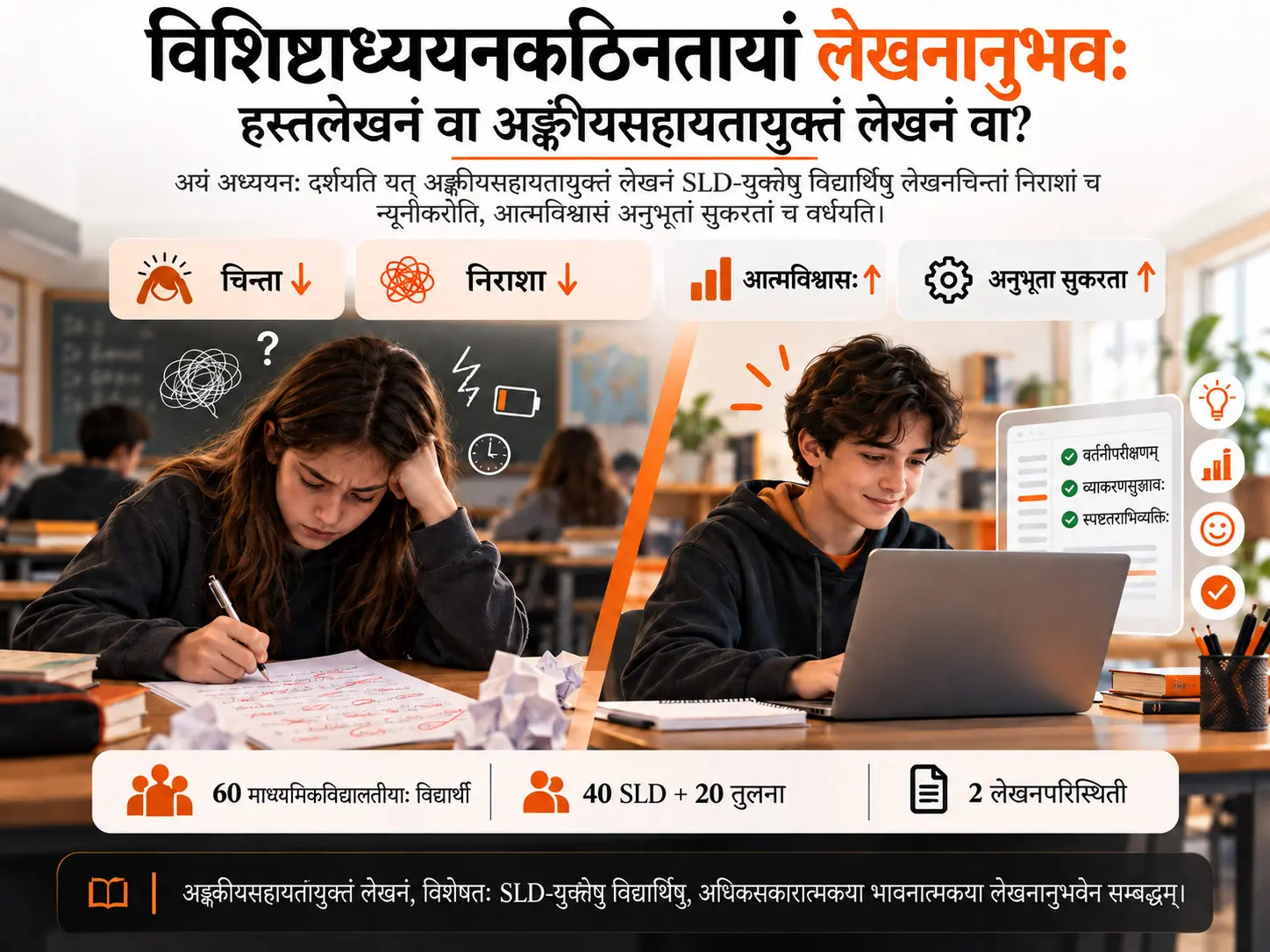 विशिष्टाभिः अध्ययनकठिनताभिः युक्तेषु विद्यार्थिषु हस्तलेखनस्य अङ्कीयसहायतायुक्तस्य सङ्गणकाधारितलेखनस्य च तुलना: लेखनचिन्ता, आत्मविश्वासः, निराशा, अनुभूता सुकरता च