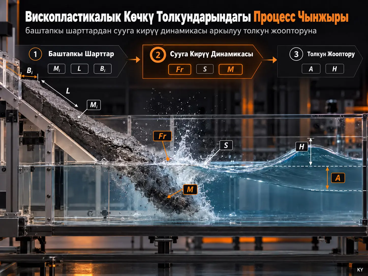 Вископластикалык көчкү жараткан импульстук толкундардагы процесс чынжыры: баштапкы жылышуу шарттарынан сууга кирүү динамикасы аркылуу толкун жоопторуна чейин