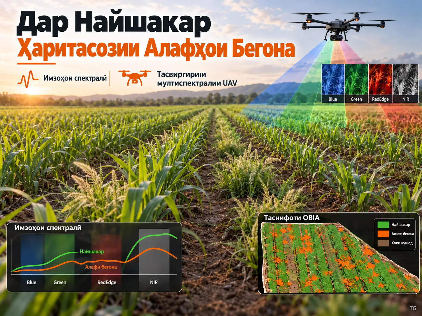 Харитасозии Алафҳои Бегонаи Найшакар бо Имзоҳои Спектралӣ, ки аз Маълумоти Спектроскопӣ ва Тасвирҳои Мултиспектралӣ Ҳосил шудаанд