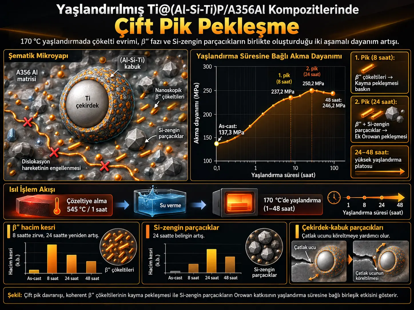 Yaşlandırılmış Ti@(Al-Si-Ti)P/A356Al Kompozitlerinde Çift Pik Davranışının Çökelti Evrimi ve Pekleşme Mekanizmaları