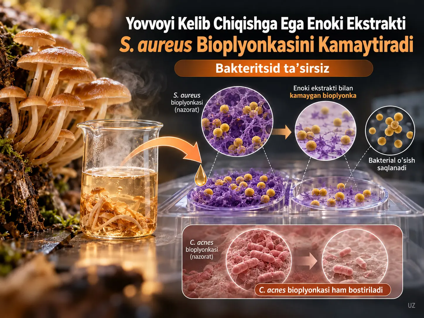 Yovvoyi Kelib Chiqishga Ega Flammulina velutipes Qaynatilgan Suv Ekstrakti: Staphylococcus aureus-ni Oʻldirmasdan Bioplyonka Hosil Boʻlishini Bostirish