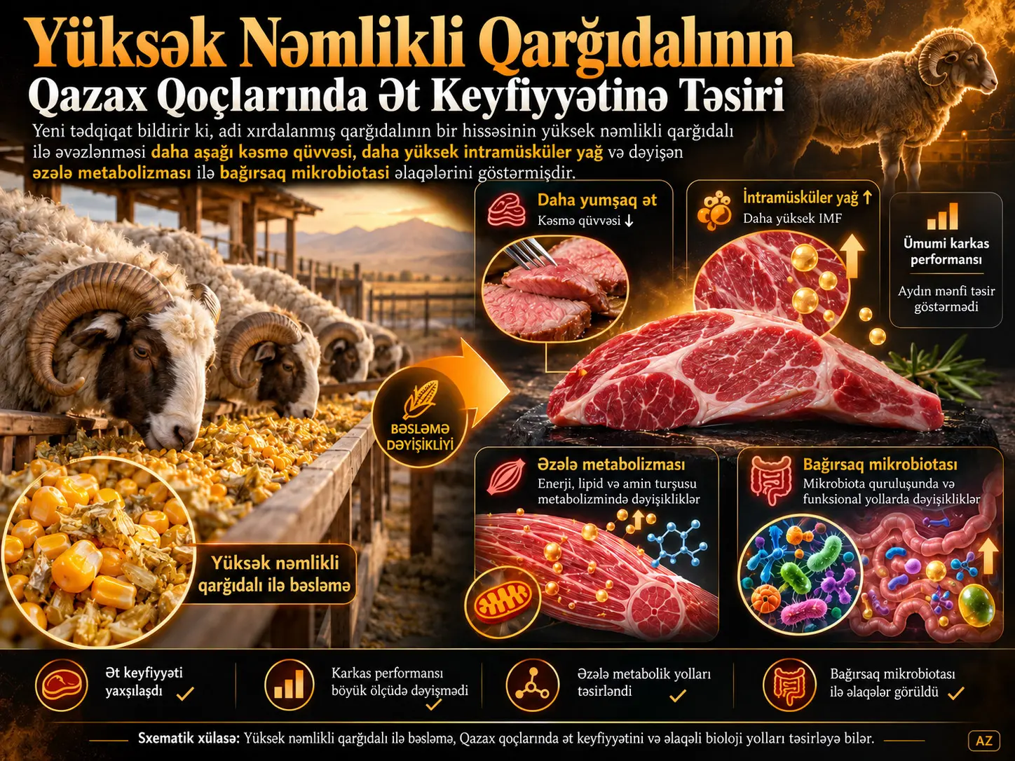 Yüksək Nəmlikli Qarğıdalı ilə Bəsləmənin Qazax Qoçlarında Ət Performansı, Ət Keyfiyyəti, Əzələ Metabolizması və Bağırsaq Mikrobiotası Üzərində Təsirləri