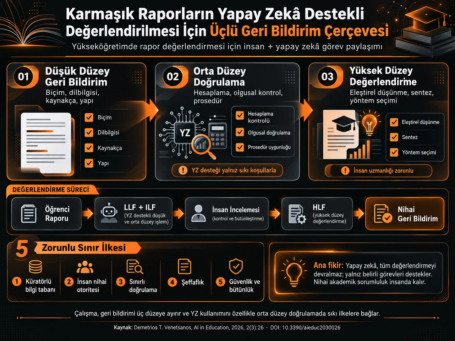 Yükseköğretimde Karmaşık Raporların Yapay Zekâ Destekli Değerlendirilmesi İçin Üçlü Geri Bildirim Çerçevesi