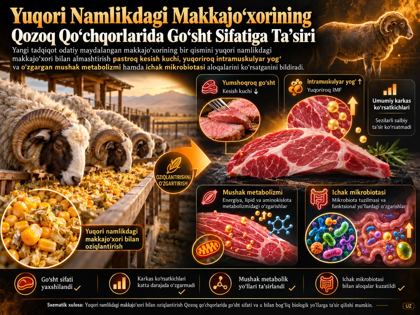 Yuqori Namlikdagi Makkajoʻxori Bilan Oziqlantirishning Qozoq Qoʻchqorlarida Goʻsht Koʻrsatkichlari, Goʻsht Sifati, Mushak Metabolizmi va Ichak Mikrobiotasiga Taʼsiri