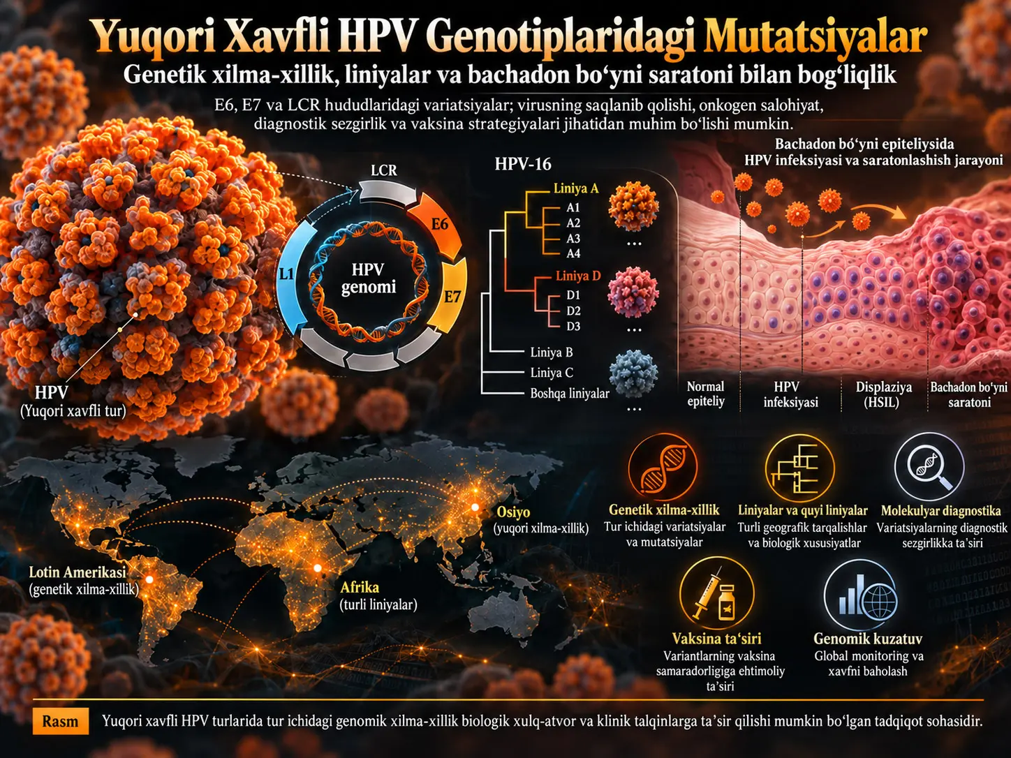 Yuqori Xavfli Inson Papillomavirusi (HPV) Genotiplaridagi Mutatsiyalar: Genetik Xilma-Xillik va Bachadon Boʻyni Saratoni Bilan Bogʻliqligi