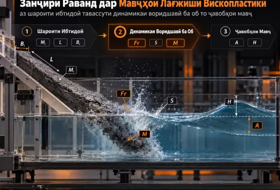 Занҷири раванд дар мавҷҳои зарбавии аз лағжиши вископластикӣ ба вуҷудомада: аз шароити ибтидоии лағжиш тавассути динамикаи воридшавӣ ба об то ҷавобҳои мавҷ