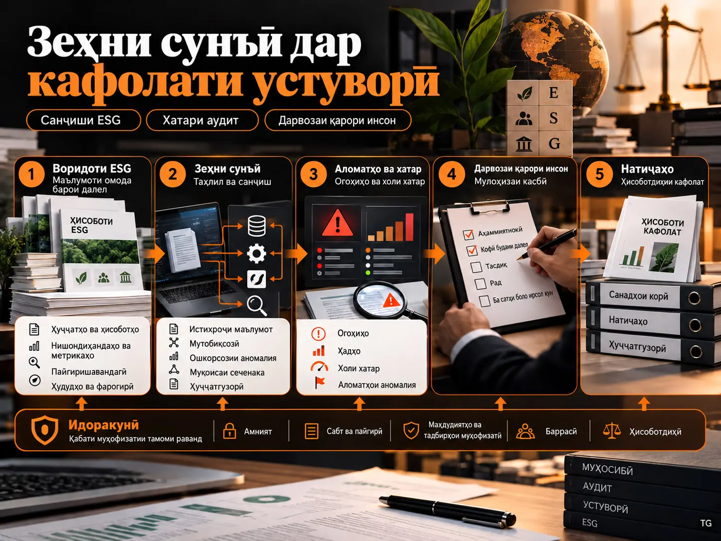 Зеҳни сунъӣ дар кафолати устуворӣ: мушкилоти муҳосибӣ, хатарҳои аудит ва чаҳорчӯбаи истифодаи масъулона барои санҷиши ESG