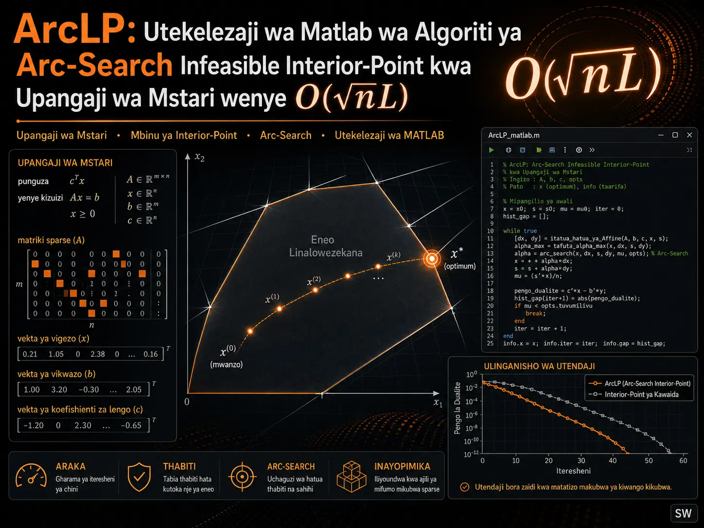 ArcLP: Utekelezaji wa Matlab wa algoriti ya arc-search infeasible interior-point yenye mpaka wa O(√nL) kwa upangaji wa mstari