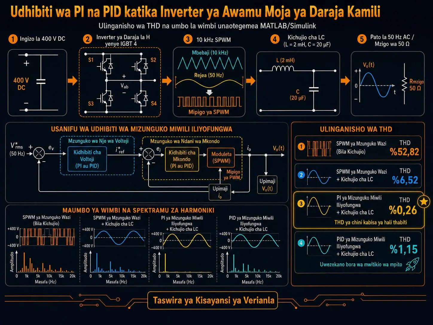 Udhibiti wa Mizunguko Miwili Iliyofungwa wa PI na PID katika Inverter ya Awamu Moja ya Daraja Kamili: Kupunguza THD kutoka %52,82 hadi %0,26 kwa MATLAB/Simulink